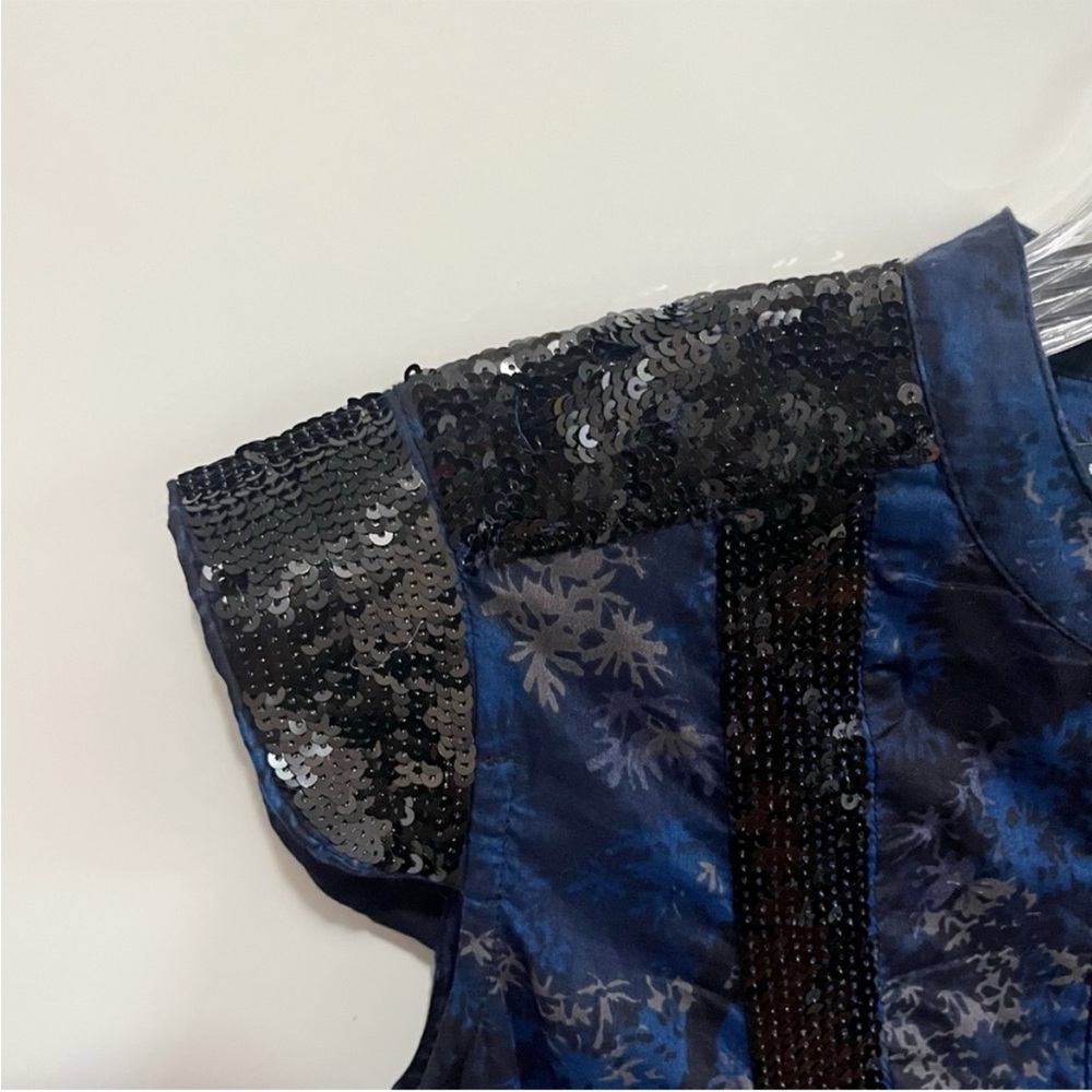 French Connection top blue black floral trees sequins cap sleeves buttons - Picture 3 of 8